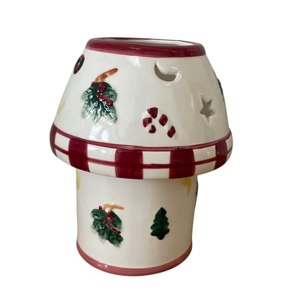 Vtg Christmas Ceramic Candle Holder w Shade Topper Moon Stars Candy Cane Tree